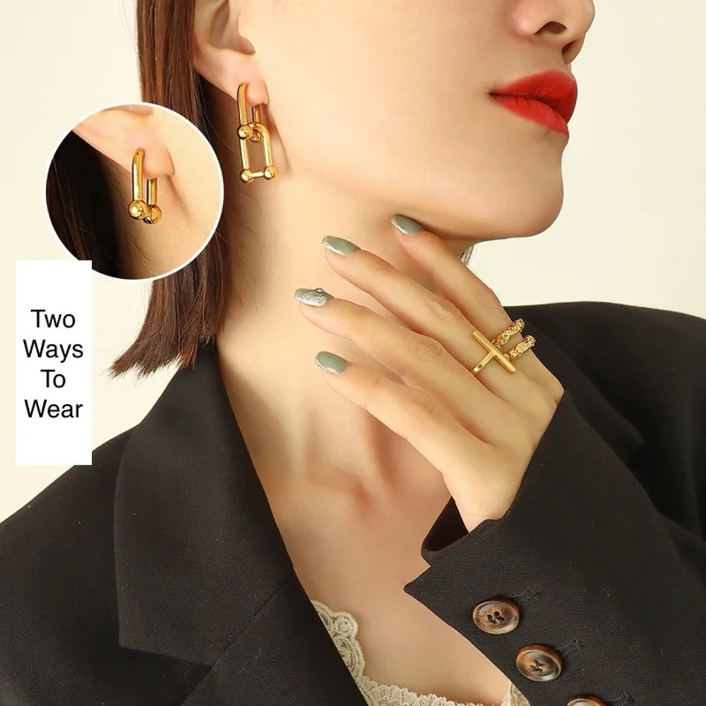 18K Gold Plated Double U Link Chunky Hoop Earrings - Picture 9 of 11